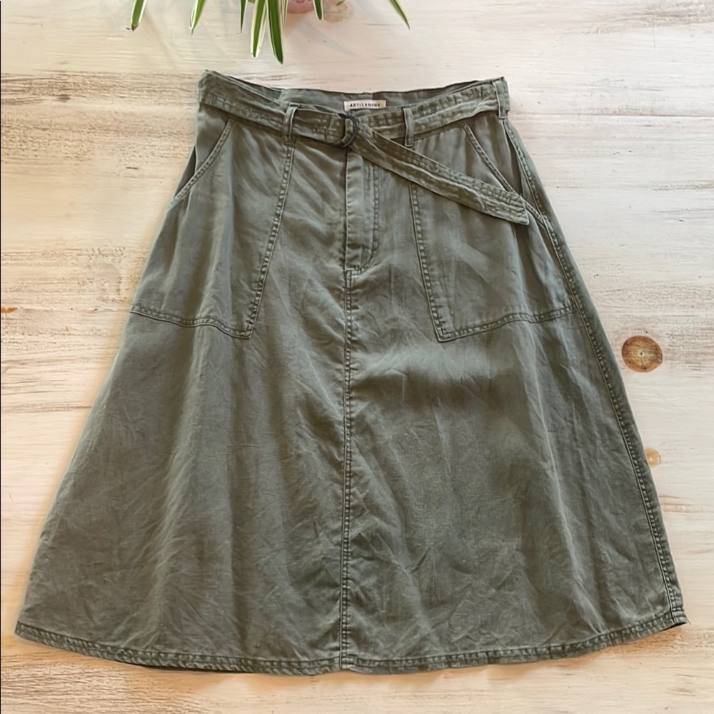 Artisan NY Olive Linen Midi A-Line Skirt